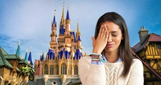 Woman reacting to Disney guest with Magic Kingdom background