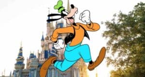Goofy in front of Magic Kingdom Cinderella Castle