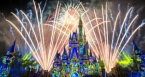 Disney park with fireworks display