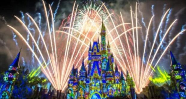 Disney park with fireworks display