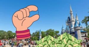 Hand and animated money with Disney park behind it