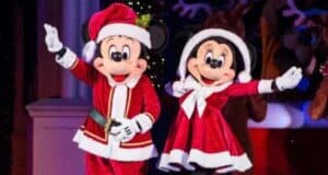 Mickey and Minnie dressed in Holiday outfits