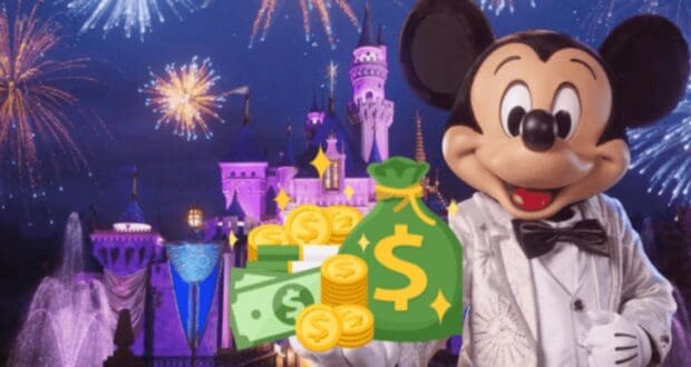 Mickey mouse with money and Disney castle behind him
