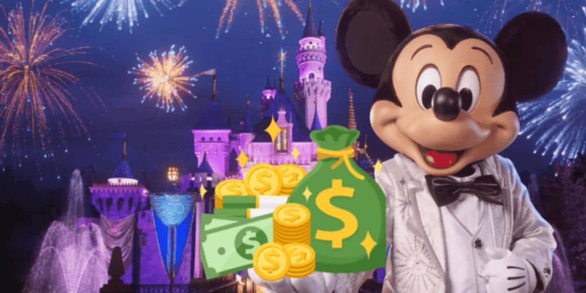 Mickey mouse with money and Disney castle behind him