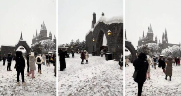 Snow storm covers universal theme park
