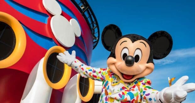 Mickey Mouse with a Disney Cruise Line ship