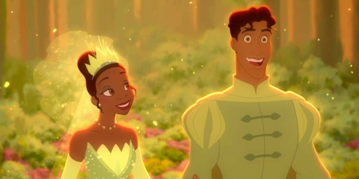 An animated princess and prince are smiling joyfully in a lush, sunlit forest. The princess wears a sparkling green gown and tiara, while the prince is dressed in a matching outfit. Flowers and soft light surround them, creating an enchanting atmosphere.