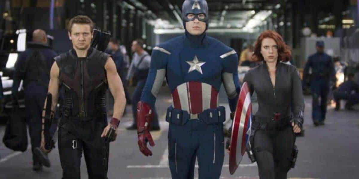 Hawkeye, Captain America, and Black Widow walking together in the Avengers