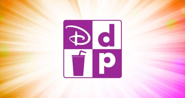 A purple logo featuring a stylized "d" reminiscent of the Disney logo is followed by a lowercase "d" and "p." Below, a cup with a straw silhouette sits against a radiant burst in orange, pink, and yellow—a nod to enchanting dining experiences while avoiding common Disney dining mistakes.