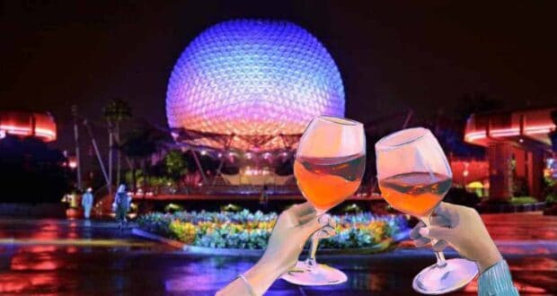 Two hands clinking wine glasses in the foreground with Epcot’s illuminated geodesic sphere, Spaceship Earth, glowing in purple and blue lights at night in the background.