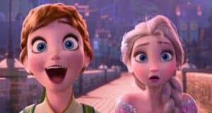 Two animated characters with wide blue eyes and surprised expressions stand side by side on a cobblestone path in a vibrant, magical town at night, as if witnessing a Disney moment that could set a Frozen 4 record.