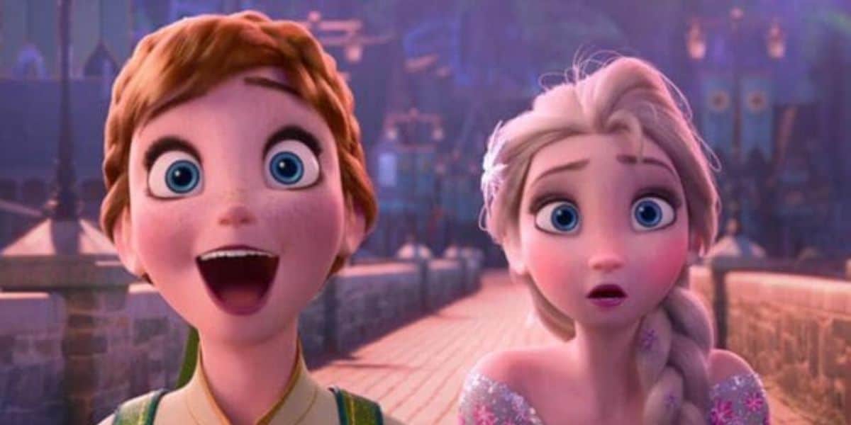 Two animated characters with wide blue eyes and surprised expressions stand side by side on a cobblestone path in a vibrant, magical town at night, as if witnessing a Disney moment that could set a Frozen 4 record.