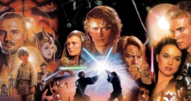 Star Wars heroes and villains wielding lightsabers in thrilling battle scenes, set against a backdrop of vibrant glowing effects, capturing the cinematic excitement of a galaxy far, far away—just like stepping into Star Wars: Galaxy’s Edge at Disney Parks.