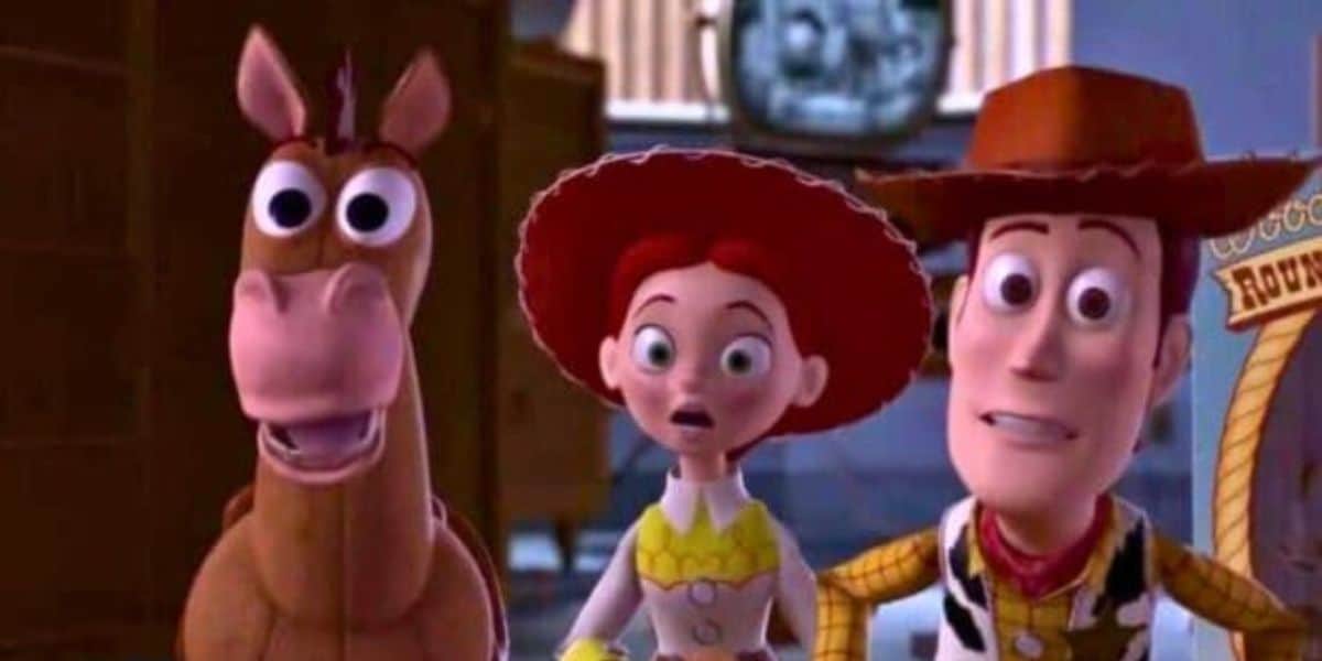 L to R: Bullseye, Jessie, and Woody shocked in 'Toy Story 2'