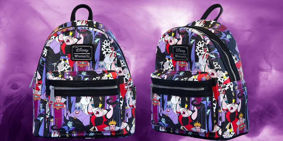 Two images of the Disney Villains Loungefly Mini Backpack