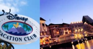 The image showcases a Disney Vacation Club sign, complete with a colorful mountain and palm tree graphic on the left. On the right, there's a scenic view of a brightly lit waterfront resort at dusk in Florida, inviting DVC members to enjoy potential timeshare tax breaks.