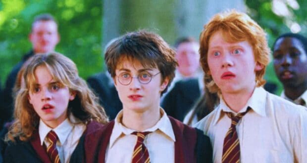 Harry Potter, Hermione Granger, and Ron Weasley looking shocked