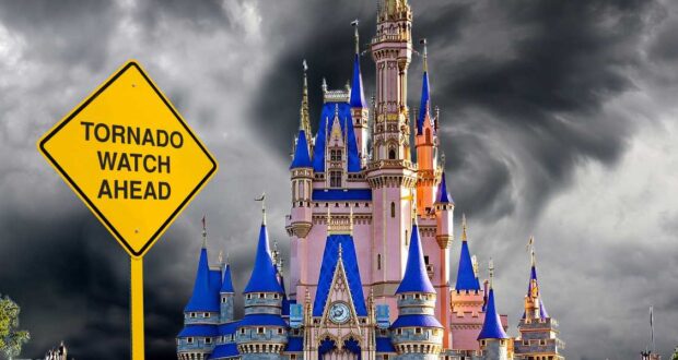 Tornado Watch Ahead sign next to Cinderella Castle
