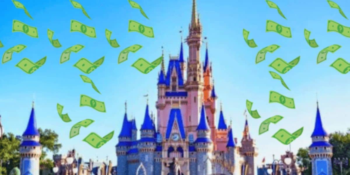 A whimsical castle with blue turrets stands under a clear sky, as cartoonish dollar bills float around, echoing Disney's recent decision to restart Florida political donations—adding an unexpected twist to this playful and fantastical scene.