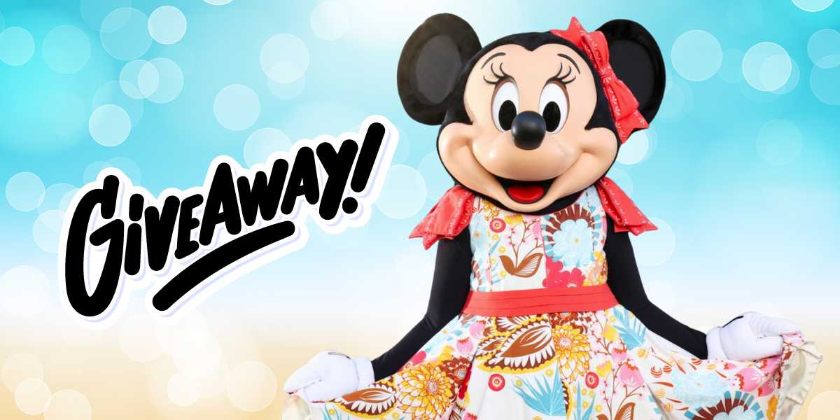 A character in a colorful floral dress with large black ears and a bow appears cheerful against a bright, festive background with bokeh lights. "Disney Giveaway!" is written in bold, playful font on the left side of the image.