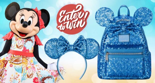 A promotional image featuring a Minnie Mouse character in a floral dress, with blue sequined Minnie Mouse ears headband and a matching blue sequined backpack. The text "Enter to Win!" is displayed prominently at the center against a colorful background, announcing an exclusive Disney Giveaway.