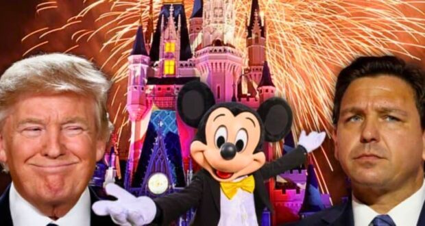 Donald Trump smiling while looking at and angry Ron DeSantis with Mickey Mouse in the middle at Disney World.