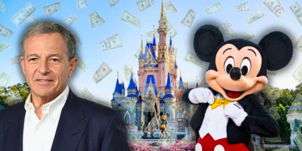 Bob Iger and Mickaey Mouse standing in front of Magic Kingdom Park at Disney World Resort with investments falling down.