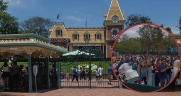 A busy entrance to Disneyland with a crowd of visitors walking through the gates. A red circle highlights an even larger, dense crowd of people in another section of the park, showcasing a bustling day at the theme park.