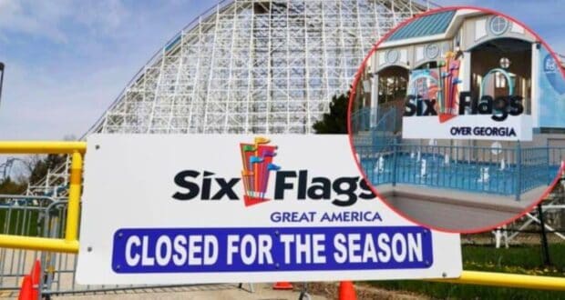 A large sign in front of a roller coaster reads "Six Flags Great America" with "CLOSED FOR THE SEASON" below it. Inset image shows the entrance sign for "Six Flags Over Georgia" with colorful decorations in the background.