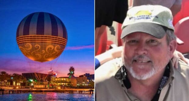 The image is split into two sections. The left side features a hot air balloon illuminated against a twilight sky, with buildings and water in the foreground. The right side shows a man smiling, wearing a baseball cap and a beige shirt, photographed in an outdoor setting.