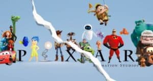 An image featuring various Pixar characters including Woody, Buzz Lightyear, Wall-E, Joy, Mike Wazowski, and others, standing on either side of a torn Pixar Animation Studios logo. The background is a light blue gradient.