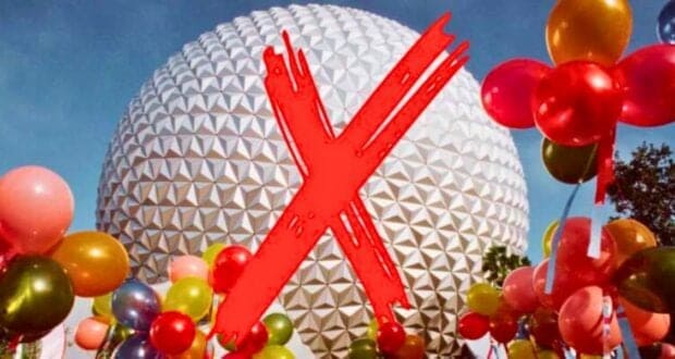 A large geodesic sphere, reminiscent of the iconic structure at Disney World’s Epcot, looms in the background. The sphere has a striking red X painted over it. Colorful balloons float around the sphere, contrasting against the clear blue sky above.