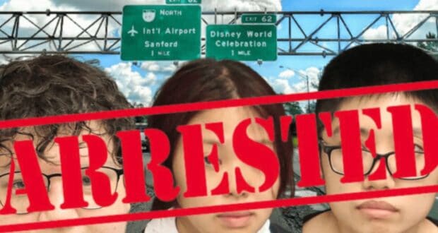 Three young men's faces superimposed on a highway background with directional signs to an airport and Disney World, overlaid with the word "ARRESTED" in bold red text during a pro-Palestine protest.