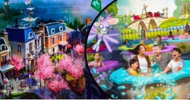An image showing an artistic rendering of a vibrant theme park reminiscent of EPCOT. The left side features charming buildings and a street with pink blooming trees and visitors. The right side shows an animated ride with smiling people, colorful cars, and a whimsical background.