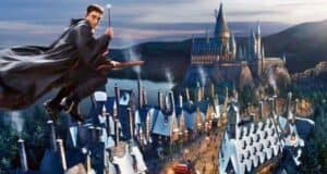 Harry Potter flies over the Wizarding World of Harry Potter at Universal Studios Japan