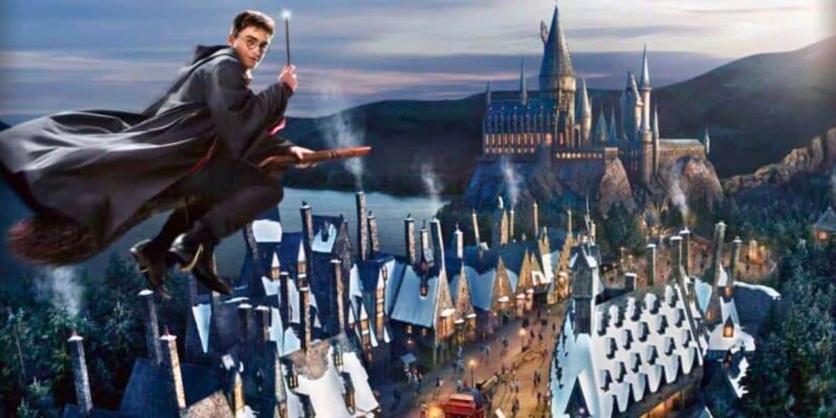 Harry Potter flies over the Wizarding World of Harry Potter at Universal Studios Japan