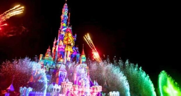 Fireworks above the castle at Hong Kong Disneyland