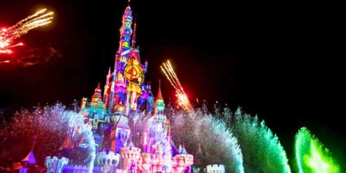 Fireworks above the castle at Hong Kong Disneyland
