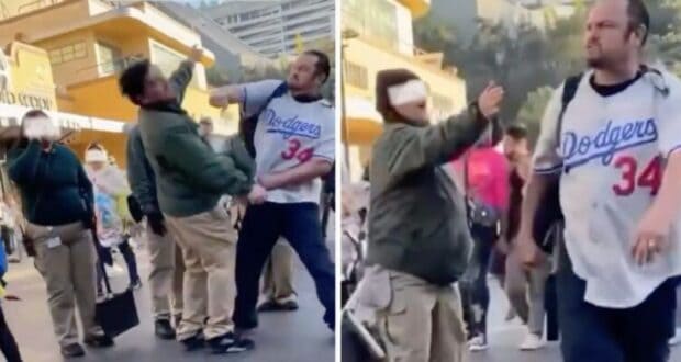 Two images depict a physical altercation on a busy street. In both, a person wearing a black jacket and beige pants is engaged in a heated encounter with another individual in a Los Angeles Dodgers jersey. Bystanders, including some tourists from Universal Studios, are visible in the background observing the scene.