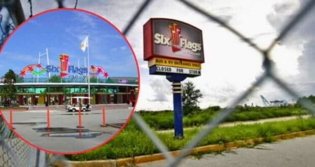 The image shows a rusty and overgrown entrance gate to a closed Six Flags amusement park under a cloudy sky. An inset photo in the upper left corner displays the vibrant entrance of an open Six Flags park with colorful banners and a parked golf cart. .