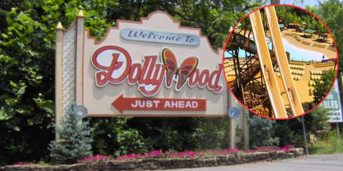 A large welcome sign for Dollywood with a butterfly graphic stands amidst foliage. The text reads "Welcome to Dollywood Just Ahead." An inset circle shows a detailed section of the park's attractions, including a water ride and seating area.