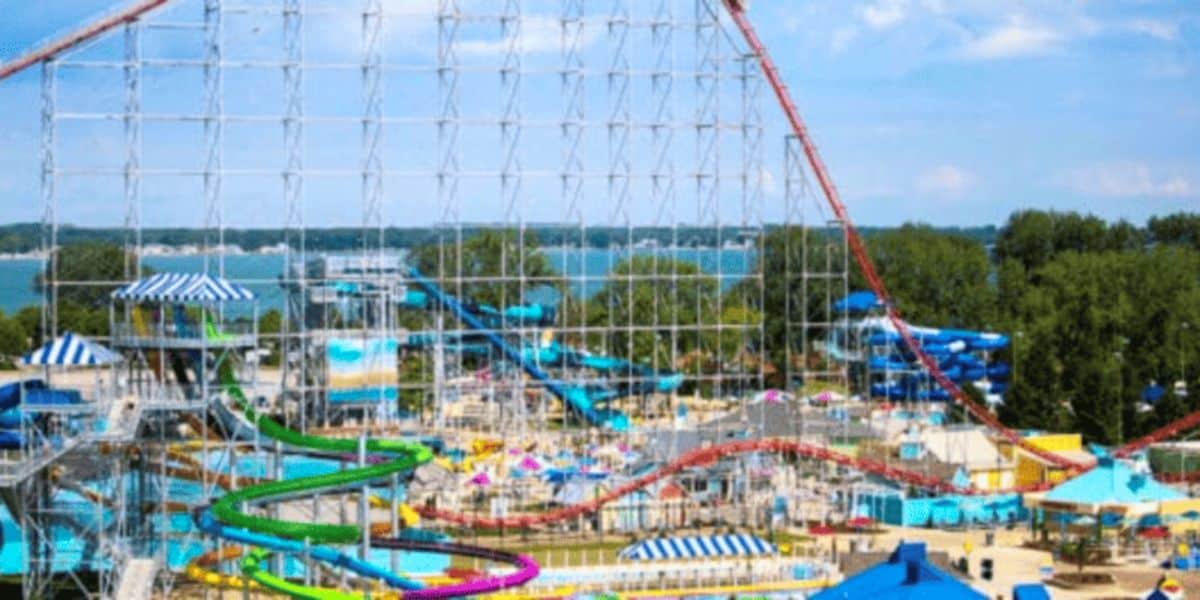 The Magnum XL-200 roller coaster at Cedar Point, pictured from a distance next to some water slides.