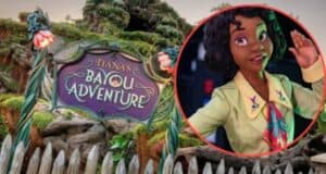 A whimsical sign reads "Tiana's Bayou Adventure" in a forested, Disney theme park setting. A circular inset shows an animated character with dark hair and wearing a yellow top, smiling and waving. The character is overlaid on the right side of the image.