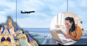 A composite image shows a woman looking distressed at her laptop while holding a credit card. Behind her, an airplane takes off near a Disney castle within an airport scene. The images suggest travel and financial concerns, possibly due to planning a Disney vacation.