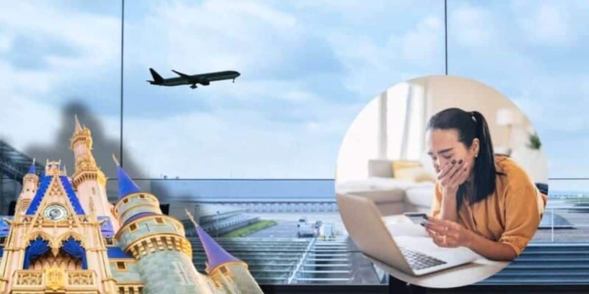 A composite image shows a woman looking distressed at her laptop while holding a credit card. Behind her, an airplane takes off near a Disney castle within an airport scene. The images suggest travel and financial concerns, possibly due to planning a Disney vacation.