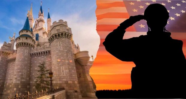 Image split in half: the left side shows Cinderella's castle from Disney World with a clear blue sky; the right side features a silhouetted soldier saluting against an American flag backdrop with an orange sunset.