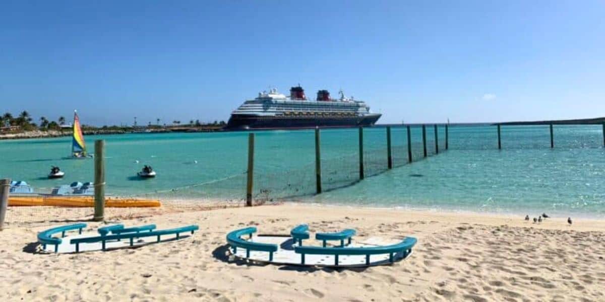 The Disney Wonder cruise ship as seen from the beach on Castaway Cay.