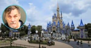 A mugshot taken during the arrest of Michael Geary overlaid on top of a photo of Cinderella Castle at Walt Disney World Resort.