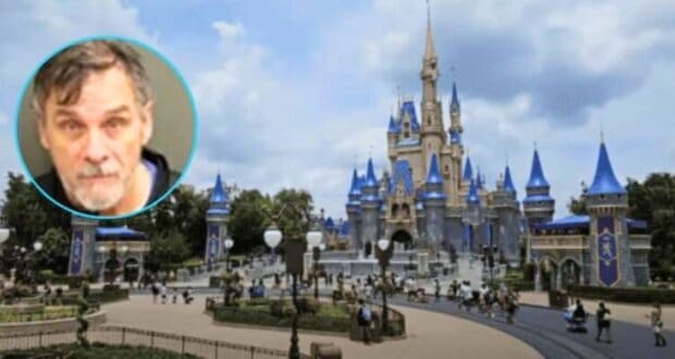 A mugshot taken during the arrest of Michael Geary overlaid on top of a photo of Cinderella Castle at Walt Disney World Resort.