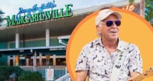 The image features the exterior of a Margaritaville restaurant at Universal Orlando, with a colorful sign reading "Jimmy Buffett's Margaritaville." Overlaid is a circular inset showing an older man with white hair wearing sunglasses, a white cap, and a patterned shirt while holding a guitar.